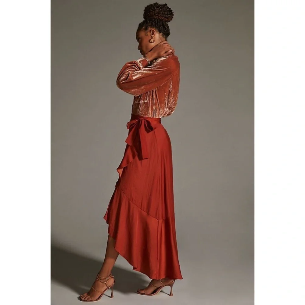 Anthropologie Maeve Ruffled Wrap Maxi Skirt Dark Orange Size 1X NWT